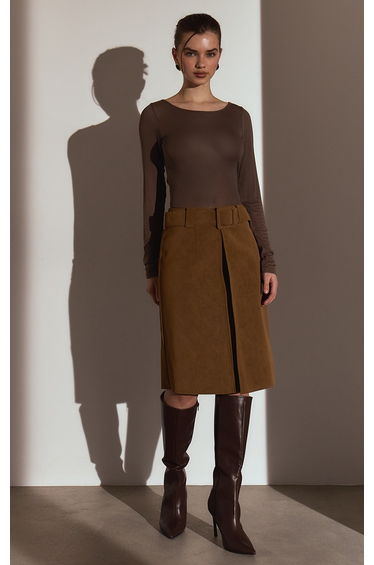 Light Brown Sheer Soft Touch Crew Neck Long Sleeve Top