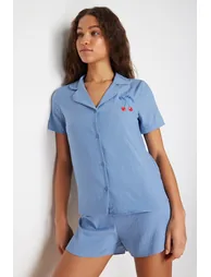 Blue Teddy Bear Embroidered Shirt-Shorts Woven Pajama Set - 2