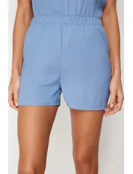 Blue Teddy Bear Embroidered Shirt-Shorts Woven Pajama Set - 4