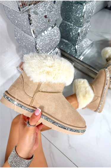 Lemonade Crystal Faux Suede Snuggle Cloud Cuff Faux Fur Boots Nude product thumbnail 3