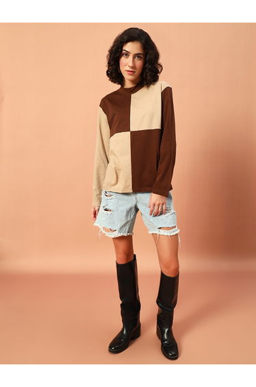 Brown Color Block High Neck T-Shirt