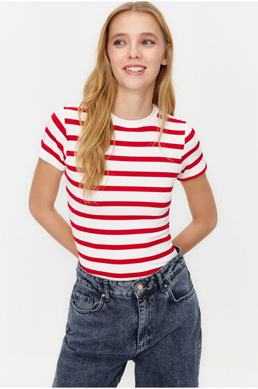 Red Striped Viscose/Soft Fabric Fitted Knitted Blouse