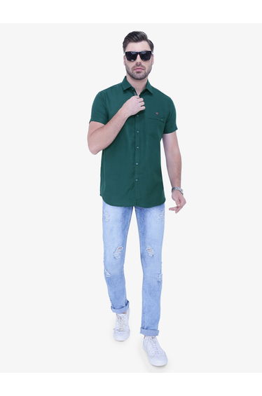 Men Green Linen Blend Short Sleeve Shirt