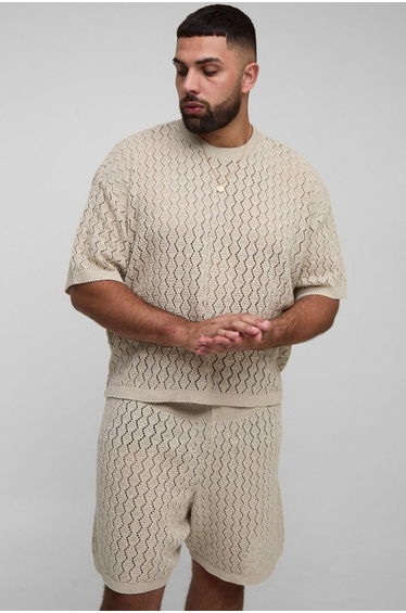 Plus Oversized Boxy Zig Zag Crochet T-Shirt & Short Set - natural