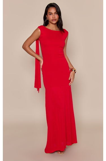 Red Sheer Panel Scarf Detail Knitted Maxi Dress