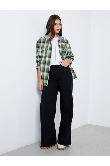 Women Green Checked Hooded Jacket