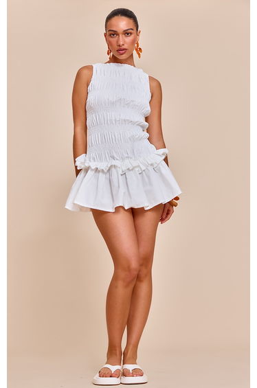 White Tailored Shirred Frill Shift Dress