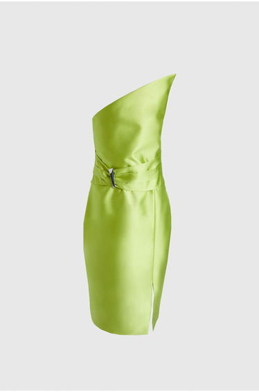Satin Twill Trim Detail Structured Asymmetric Neck Tailored Midi Dress