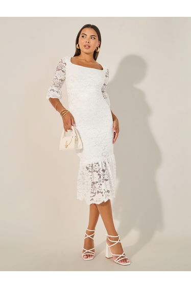 Lace Square Neck Mermaid Midi Dress