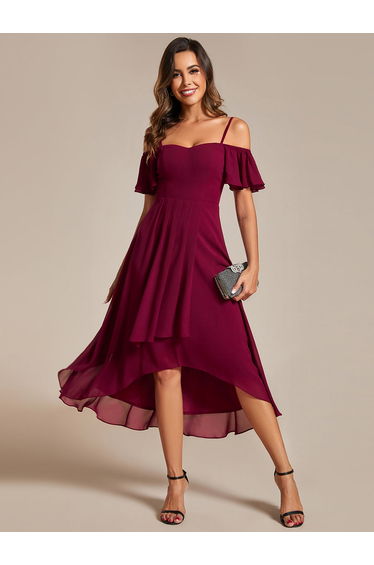 pretty JORDANE|Plus Size Cold Shoulder Sweetheart Necklin Chiffon Midi Wedding Guest Dress