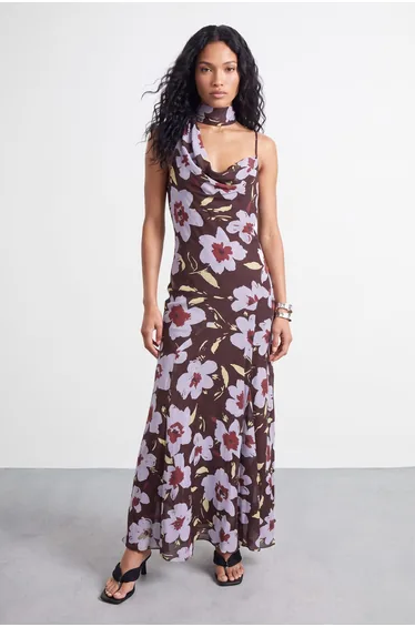 Premium Floral Tie Neck Cowl Dress