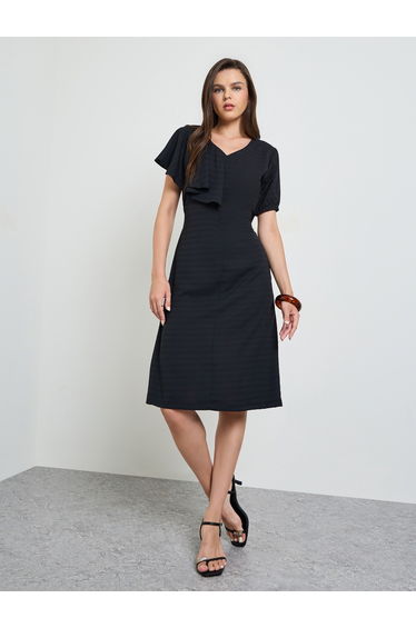 Black Textured Knee Length Dress with Frill Detail