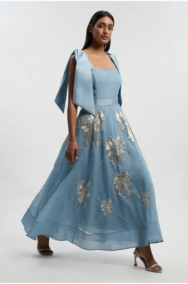 Crystal Embellished Organdie Strappy Prom Dress