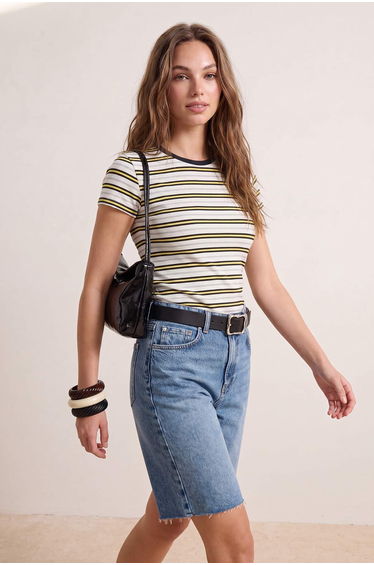 Multi-Colored Striped Fitted/Skin-Fitting Short Sleeve Soft Knitted T-Shirt
