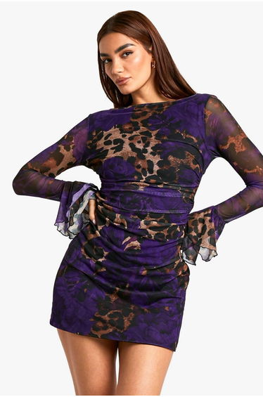 Slash Neck Mixed Leopard Print Flare Sleeve Mini Dress