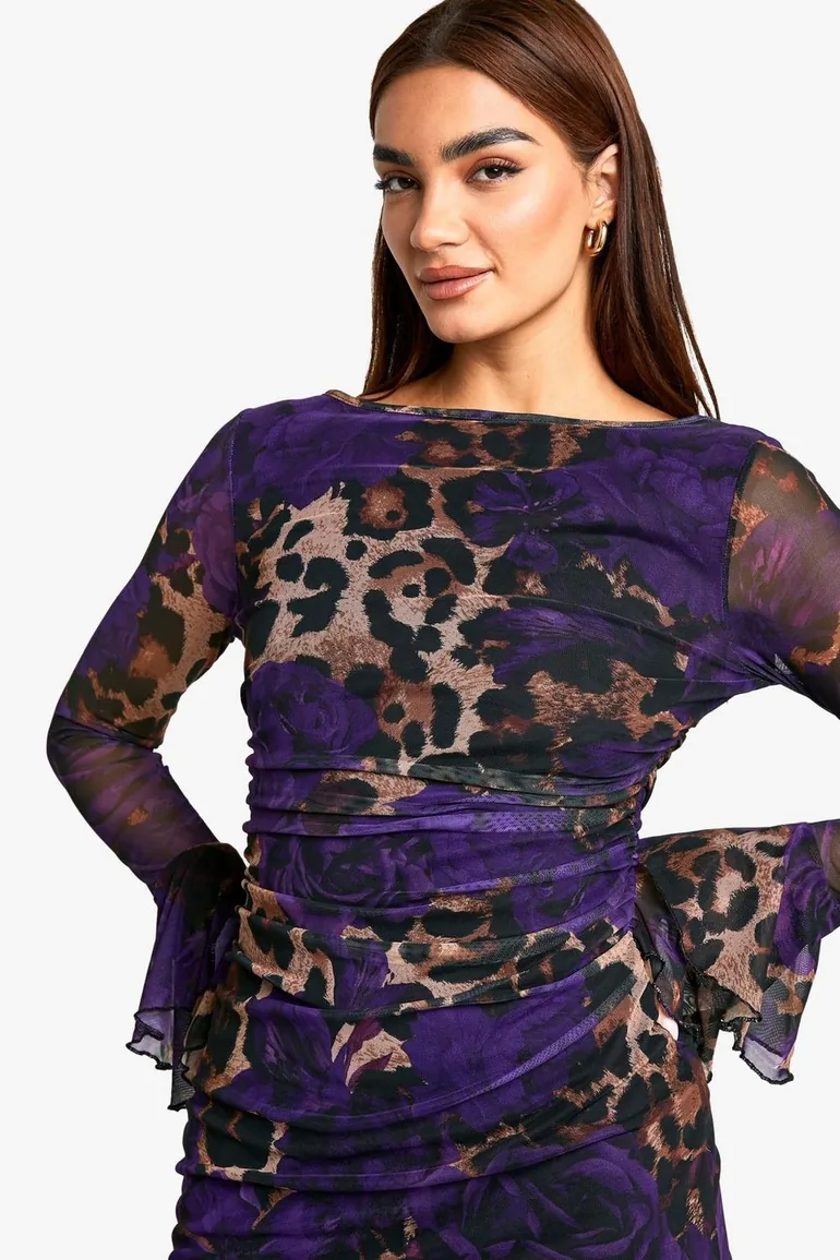 Slash Neck Mixed Leopard Print Flare Sleeve Mini Dress - 3