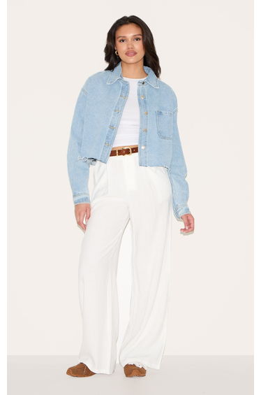 Light Blue Wash Raw Hem Cropped Denim Shirt