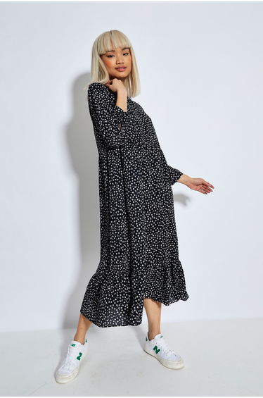 Glamorous Black White Mini Ditsy 3/4 Length Sleeve Midi Dress