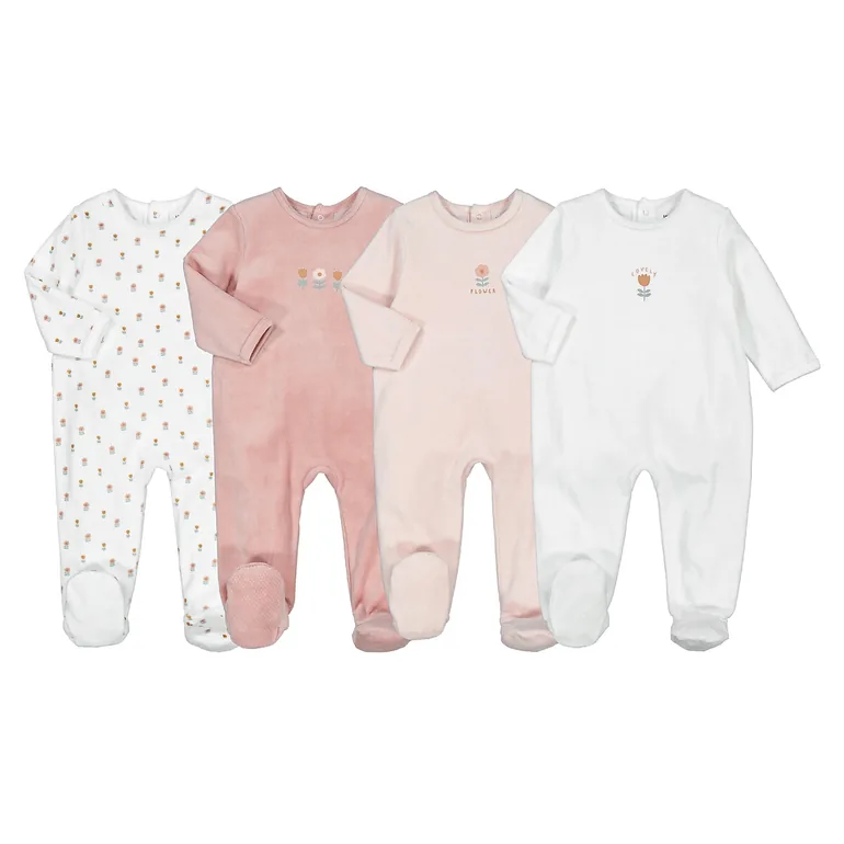 Pack of 4 Sleepsuits in Floral Print Cotton Mix Velour