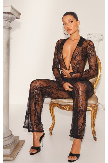 Black Sheer Lace Fitted Shirt
