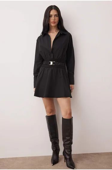 Black plain belted short/mini woven dress