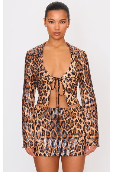 Brown Leopard Print Sequin Tie Front Detail Long Sleeve Shirt