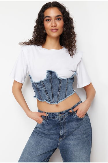 White Denim Detailed Crop Padded Knitted Blouse