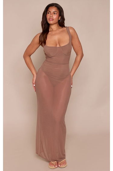 Shape Taupe With Contrasting Chocolate Bodysuit Mesh Maxi Dress