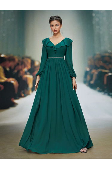 Leely Elegant Peter Pan Collar Bishop Sleeve Evening Gown