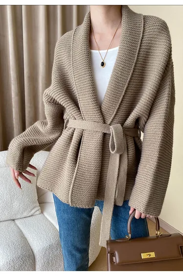 Collared Self-Tie Wrap Waffle Knit Cardigan in Light Tan