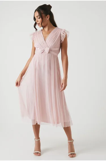 Petite Bow Detail Mesh Bridesmaids Dress