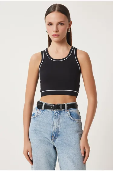 Women's Black Striped Crop Top Knit Blouse