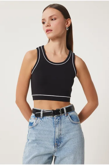 Women's Black Striped Crop Top Knit Blouse