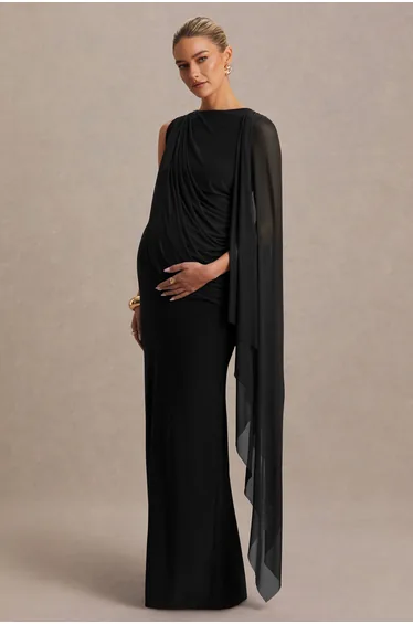Cristina | Black High-Neck Maternity Maxi Dress With Cape-Sleeve