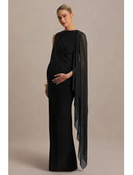 Cristina | Black High-Neck Maternity Maxi Dress With Cape-Sleeve