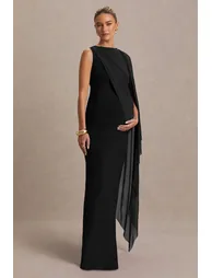 Cristina | Black High-Neck Maternity Maxi Dress With Cape-Sleeve - 3