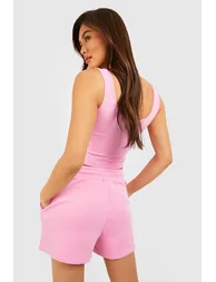 Scoop Neck Crop Top And Sweat Short Set - pink - 2
