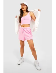 Scoop Neck Crop Top And Sweat Short Set - pink