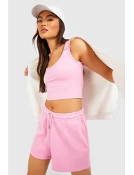 Scoop Neck Crop Top And Sweat Short Set - pink - 1