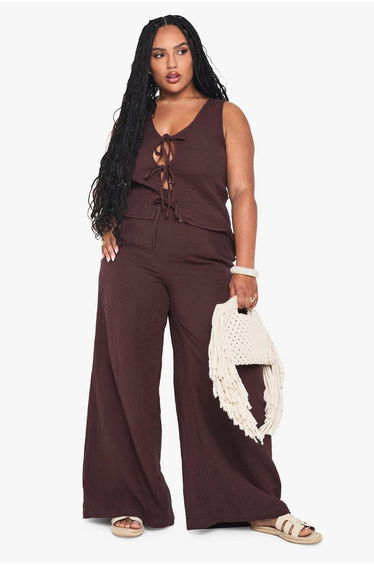 Plus Cheesecloth Tie Front Sleeveless Top - chocolate