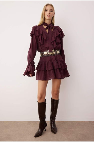 Burgundy Ruffle Detailed Boho Short / Mini Woven Dress