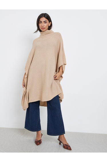Beige Oversized Chunky Knit Cape Sweater