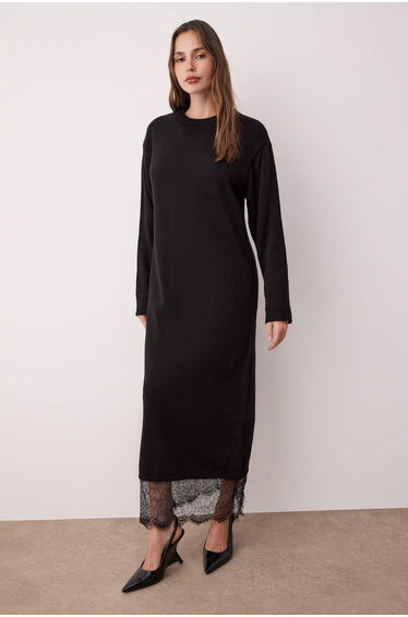 Black Unlined Plain Knitwear Single Plate Hijab Dress