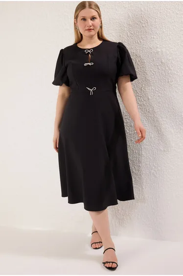 Black A-Line Bow Woven Chic Dress