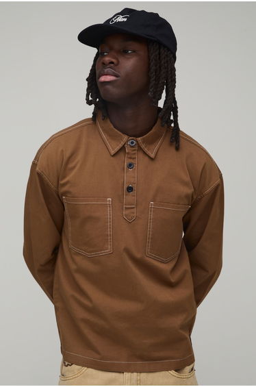 Regular Fit Western Pocket Over The Head Shirt - tobacco