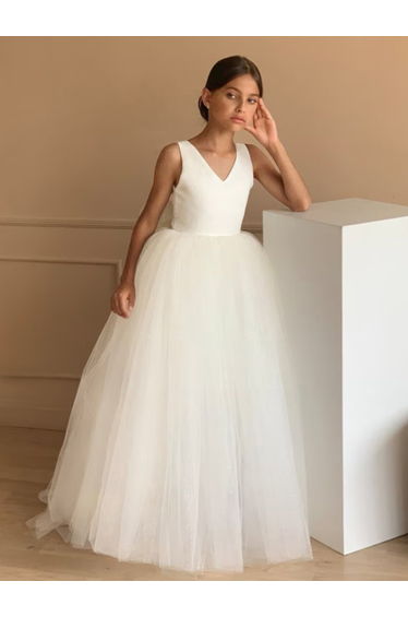 Girls White Deep V Back Mesh Party Dress