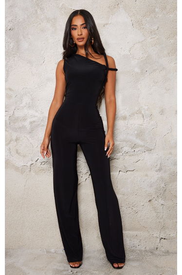 Petite Black Slinky Twist Shoulder Straight leg Jumpsuit