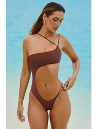 Embellished Cut-Out Swimsuit in Chocolate Brown - 4