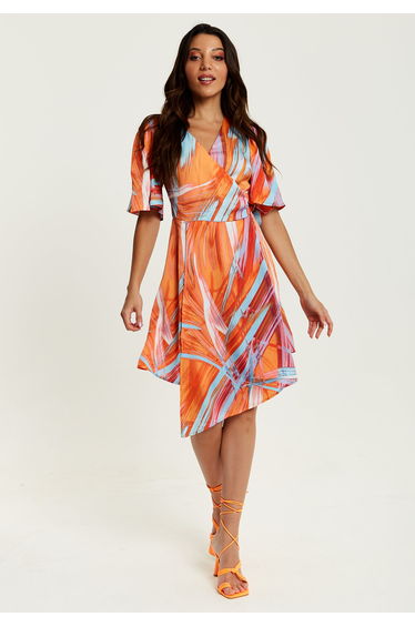 Women's Midi Wrap Dress in Orange with V Neck, Kimono Sleeves, and Abstract Print.