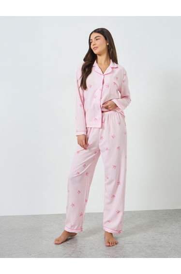 Pink Striped Bow Print Shirt and Pyjama Set